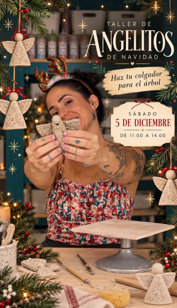 Cartel del Taller de angelitos de Navidad, haz tu colgador para el árbol