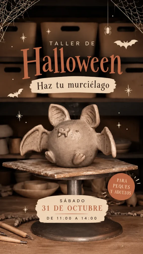 Cartel del Taller de Halloween, haz tu murciélago de cerámica