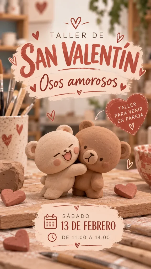 Cartel del Taller de San Valentín, osos amorosos para hacer en pareja
